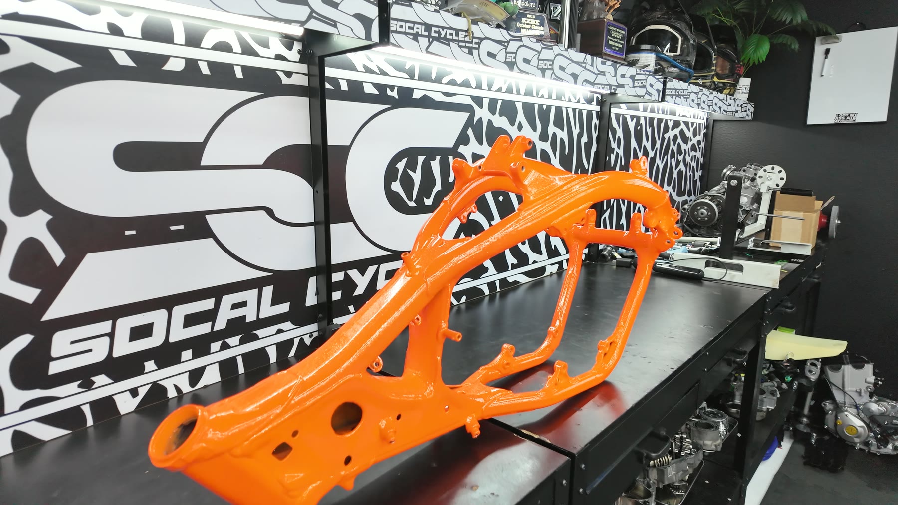 Coated motorcycle parts up close
